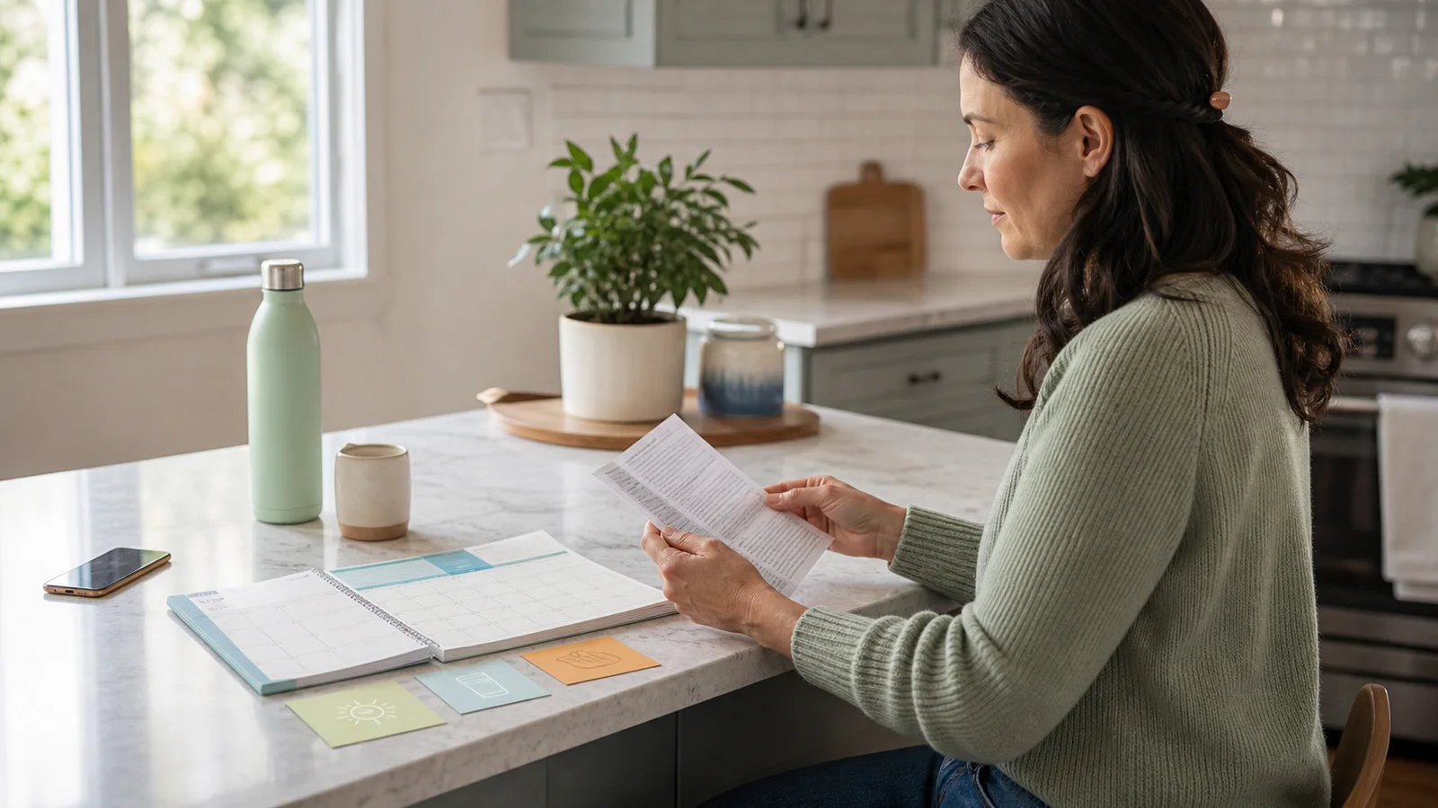 A woman reviews medication information beside a calendar and reminder cards at a kitchen counter