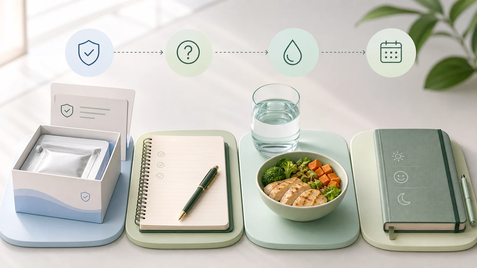 A first-week preparation flow with prescription materials, questions, food, water, and a daily journal
