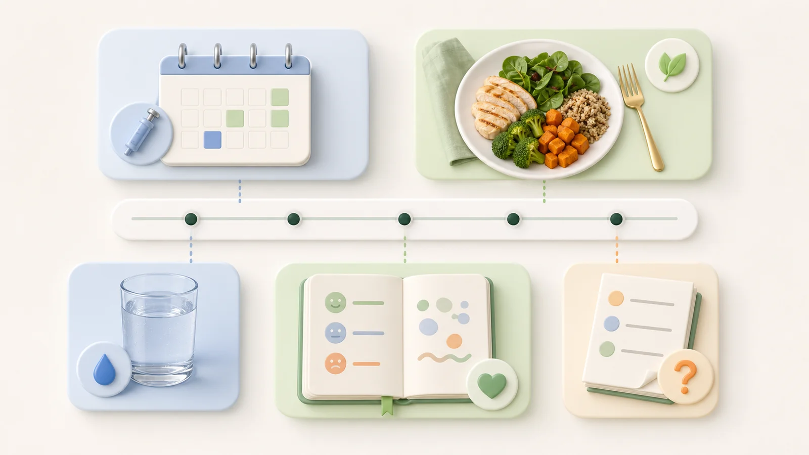 Medication timing, a meal, water, symptom notes, and follow-up questions connected across a simple timeline