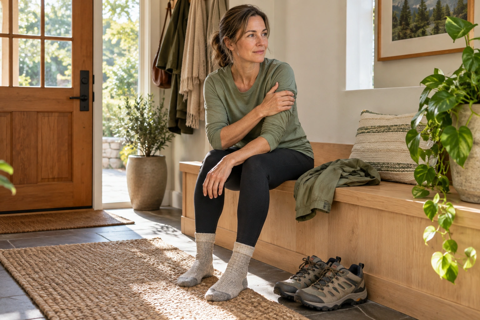 Woman seated on a wooden entryway bench, resting a hand on her upper arm, with walking shoes and a sage jacket nearby