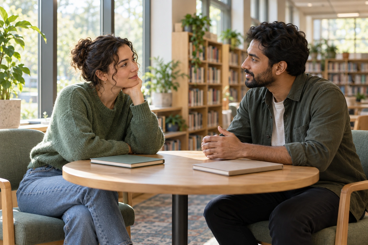 Two adults talking across a round table in a sunlit library.