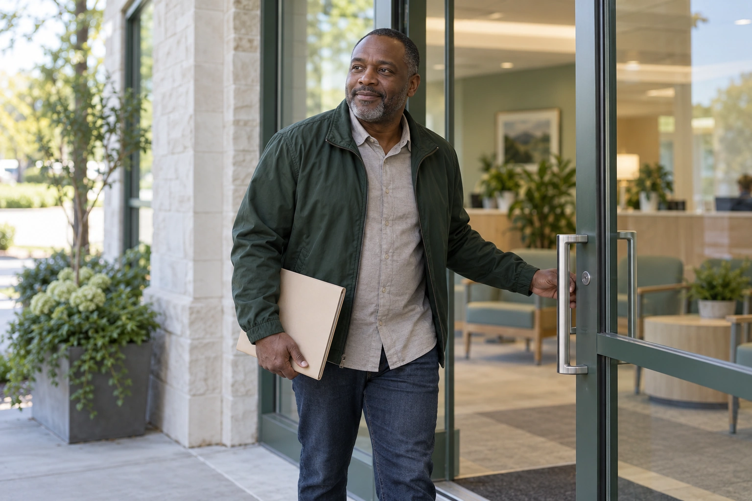 An older Black man carrying a plain folder as he enters a bright community clinic