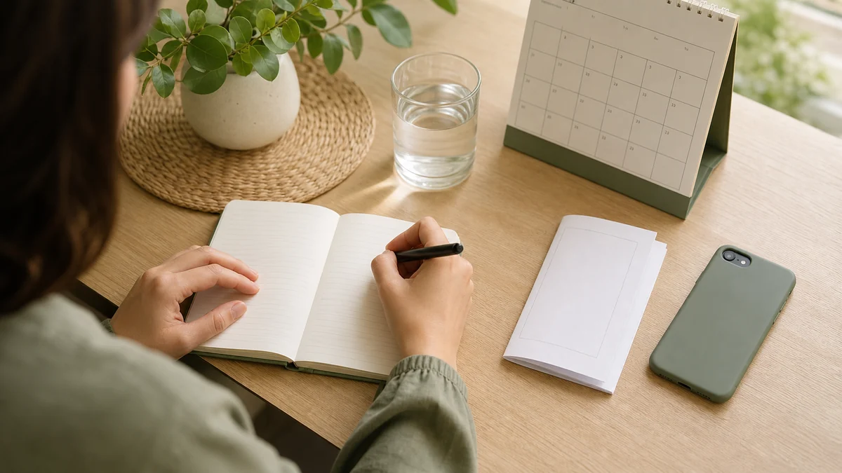 Persona escribiendo una nota objetiva junto a un prospecto, un teléfono y un calendario