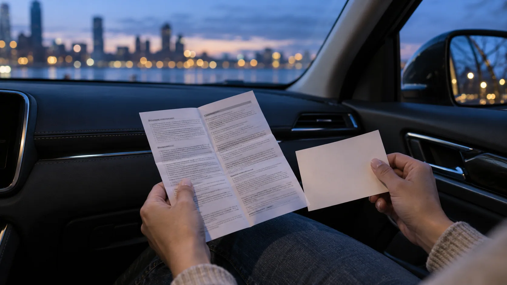 Hands holding a folded medicine leaflet and a blank note card inside a parked car at dusk