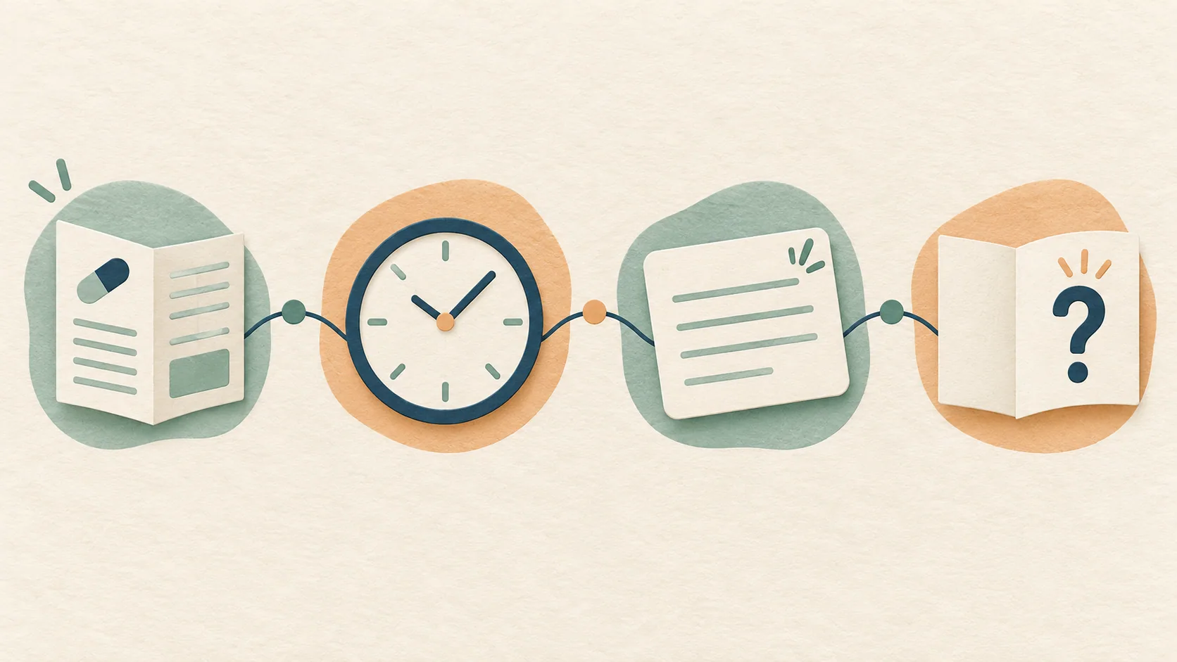 Illustrated four-part note sequence with a medicine leaflet, clock, note card, and question card