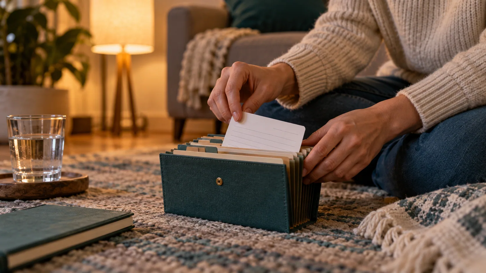 Hands placing a note card into an accordion organizer on a living-room rug