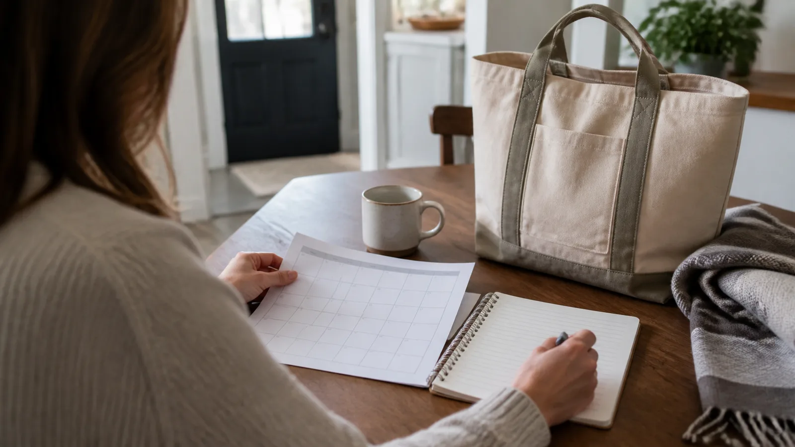 Person organizing a calendar and notebook beside an everyday tote bag at a kitchen table