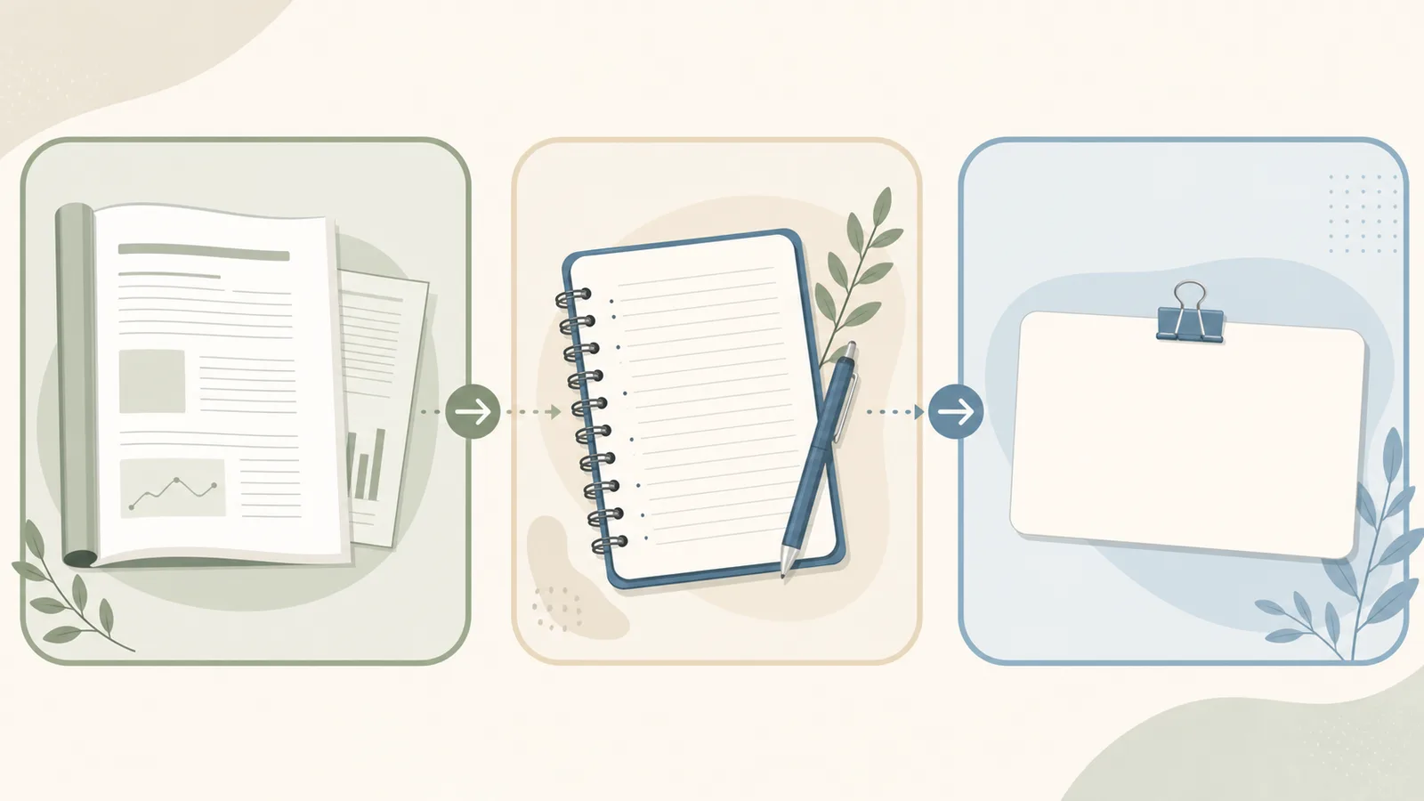 Illustrated diagram with a study document, notebook, and question card connected by arrows
