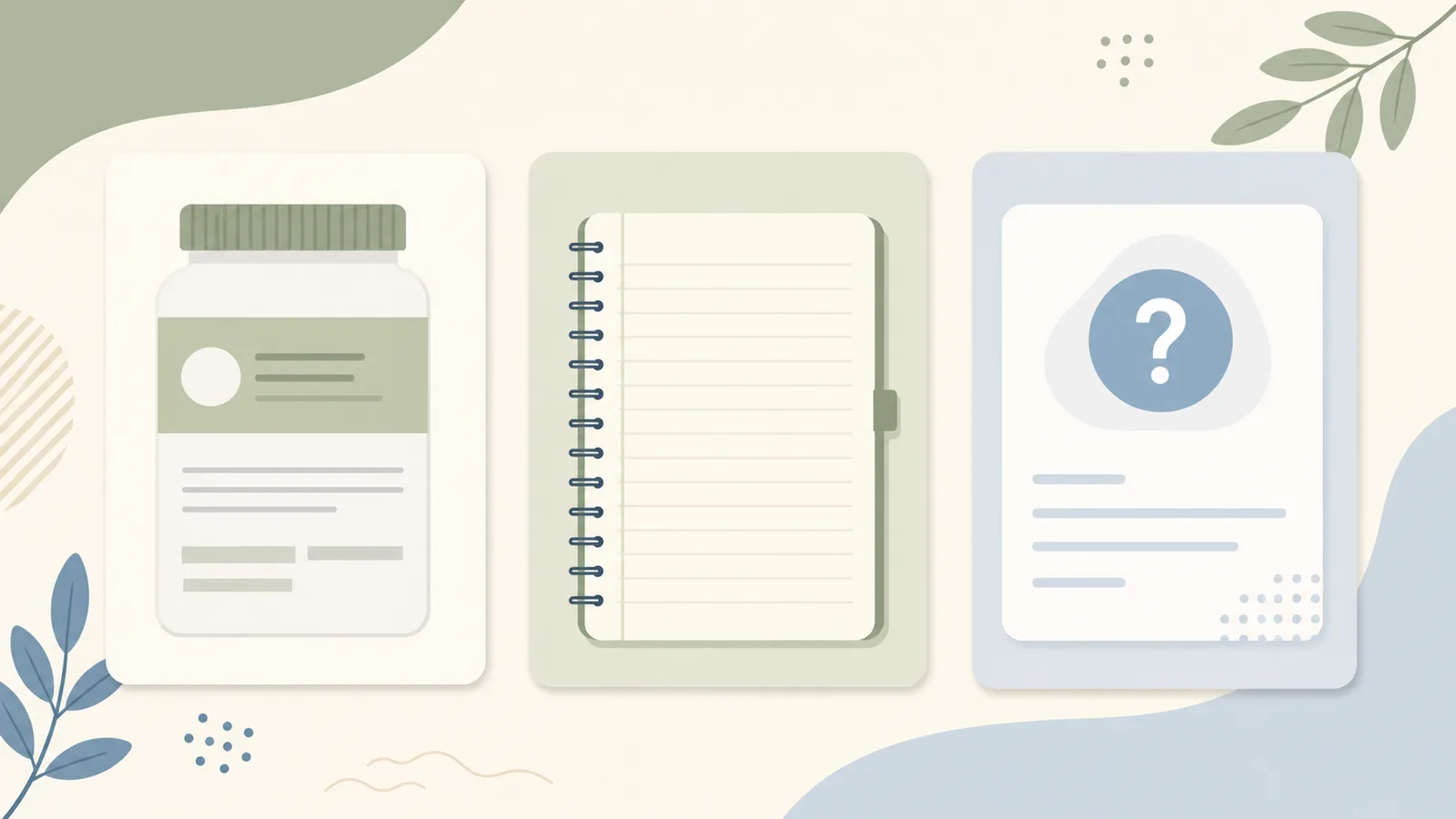 Three-part illustration showing a prescription label card, routine notebook, and question card