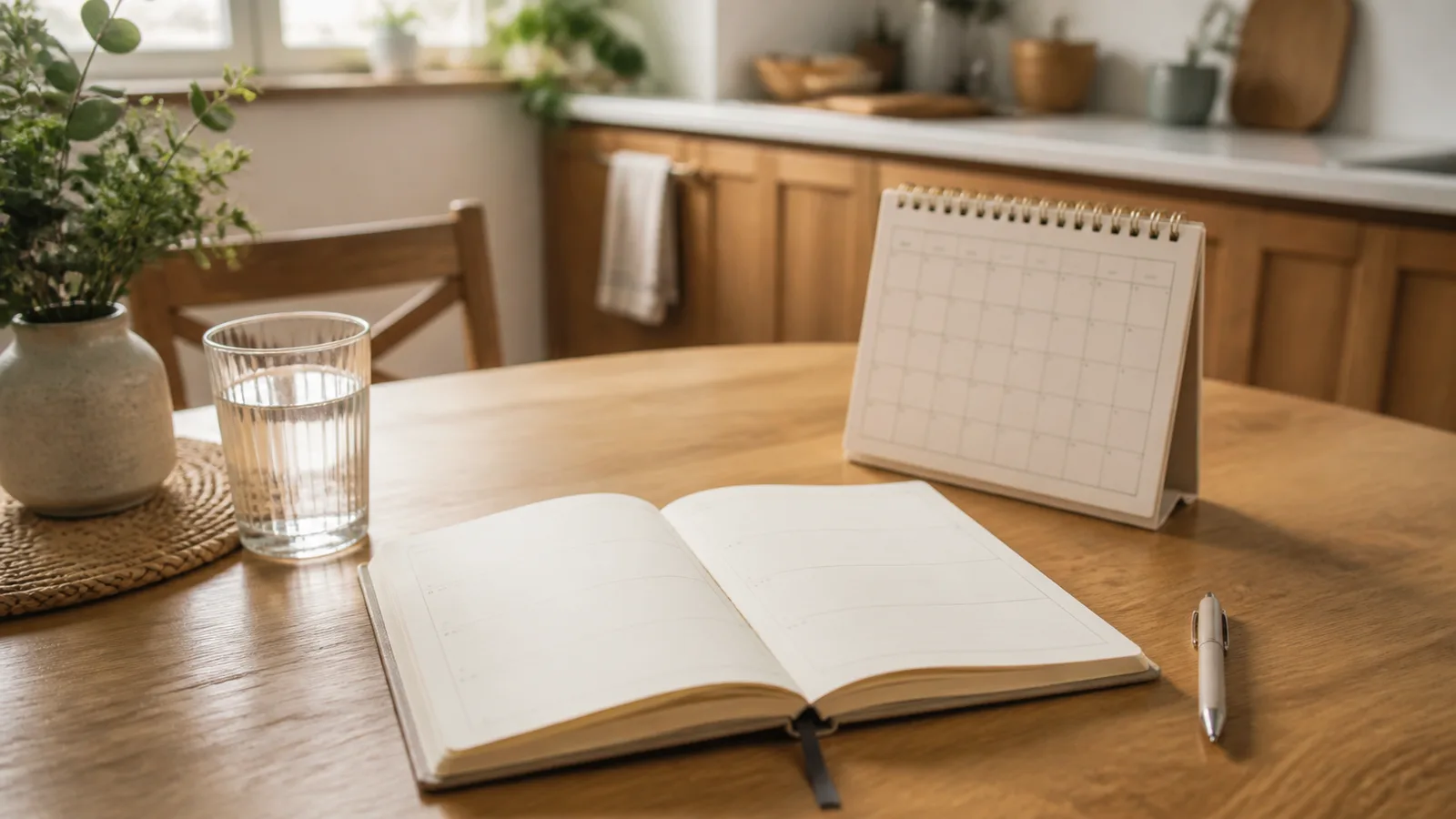 Open notebook with blank sections beside a calendar, water glass, and pen on a table