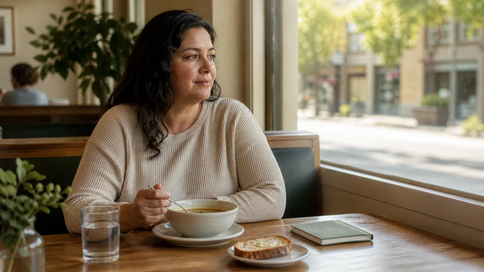 Person pausing over a small bowl of soup and toast at a sunlit cafe table