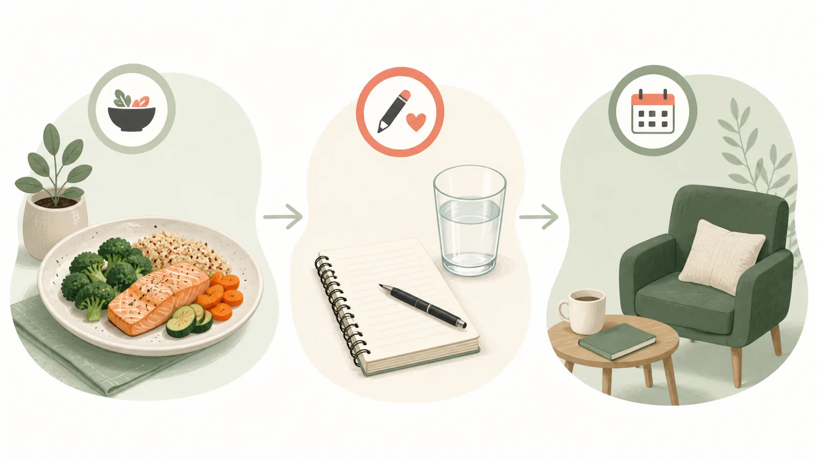 Three-part illustration showing a small meal, an optional note, and a later review card