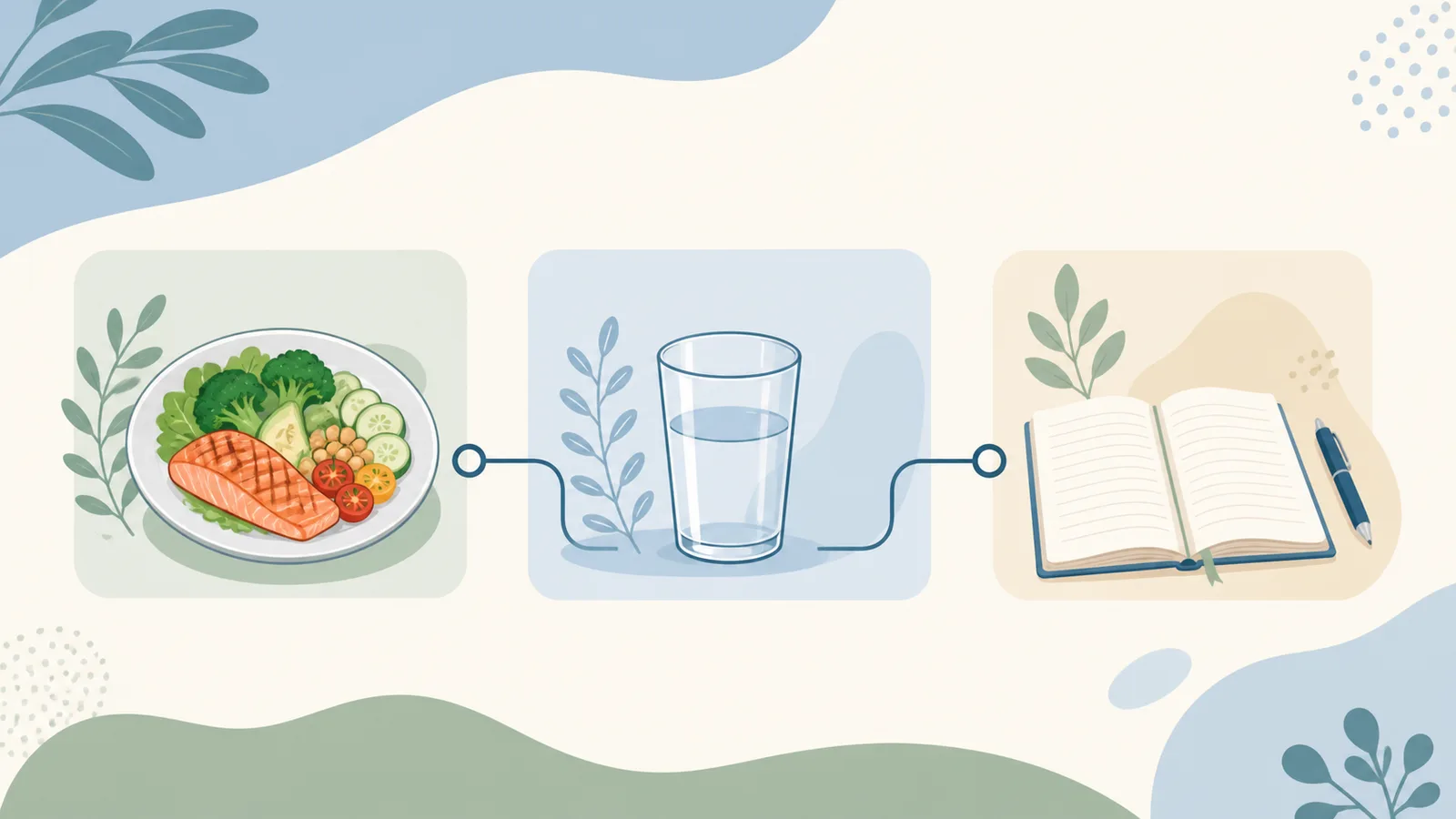Illustrated meal plate, water glass, and notebook arranged as three connected context cards