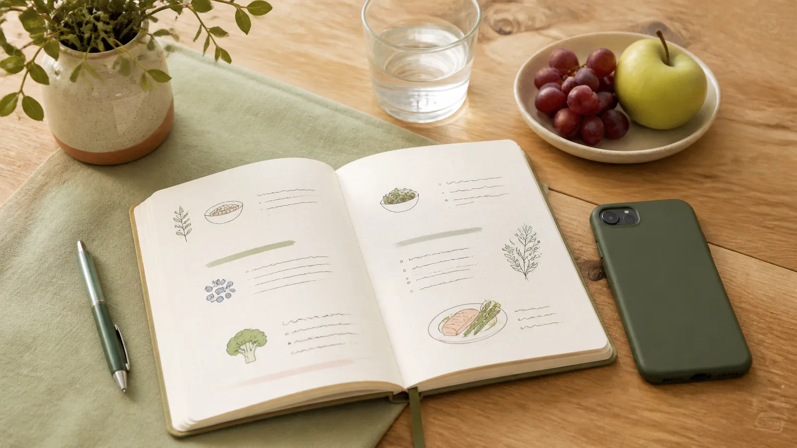 Open notebook with simple food notes beside fruit, water, and a closed phone on a table