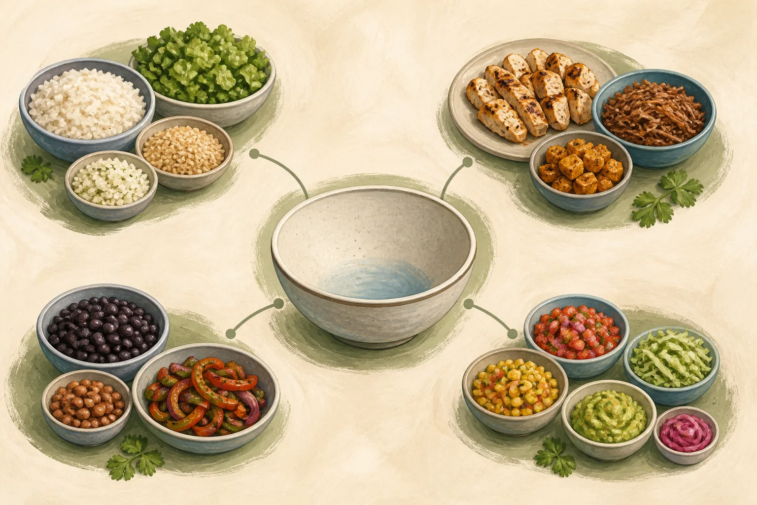 Illustrated decision map for choosing a base, protein, and add-ons for a customizable bowl