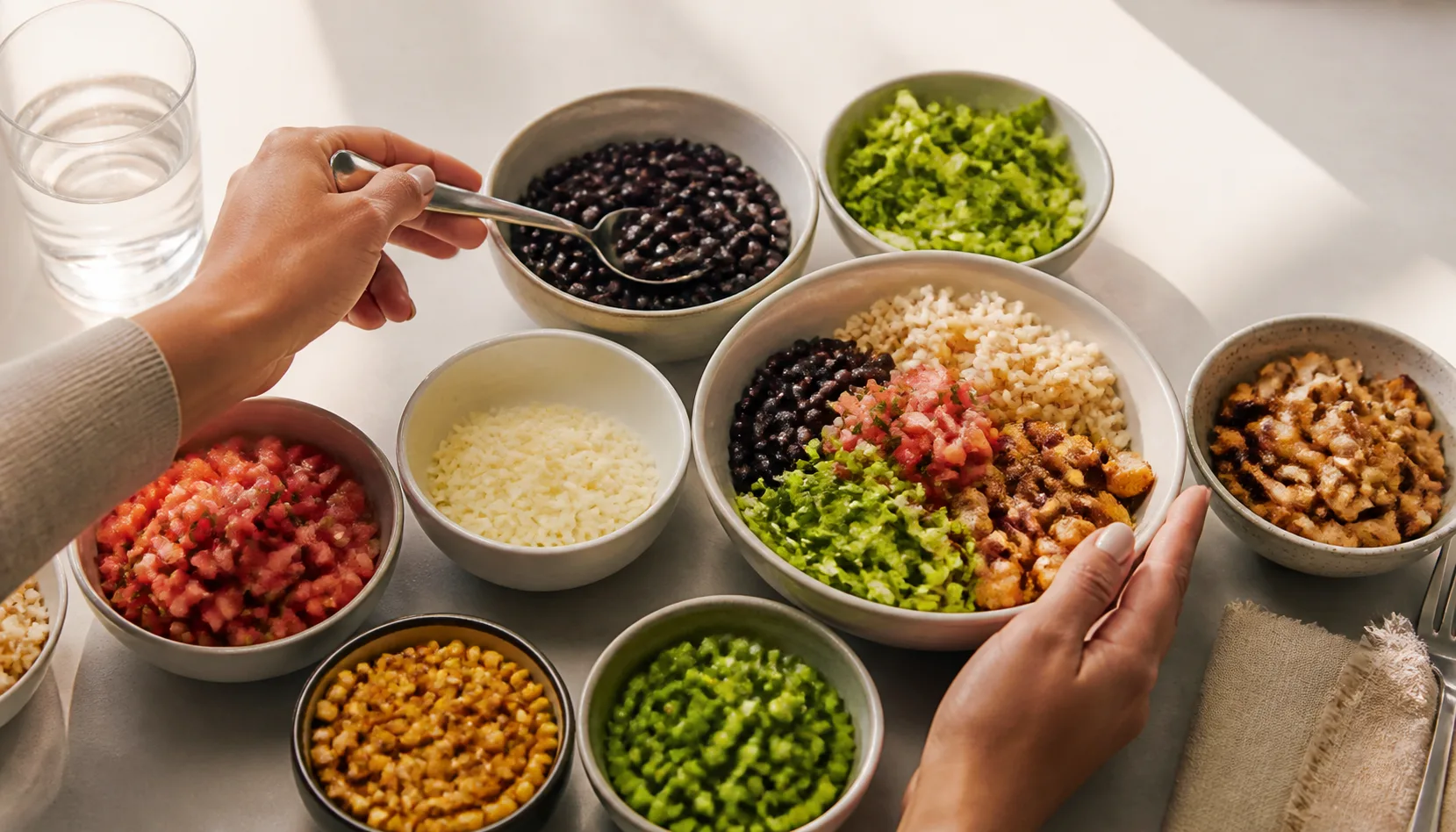Adult choosing ingredients for a colorful customizable bowl at a modern fast-casual counter