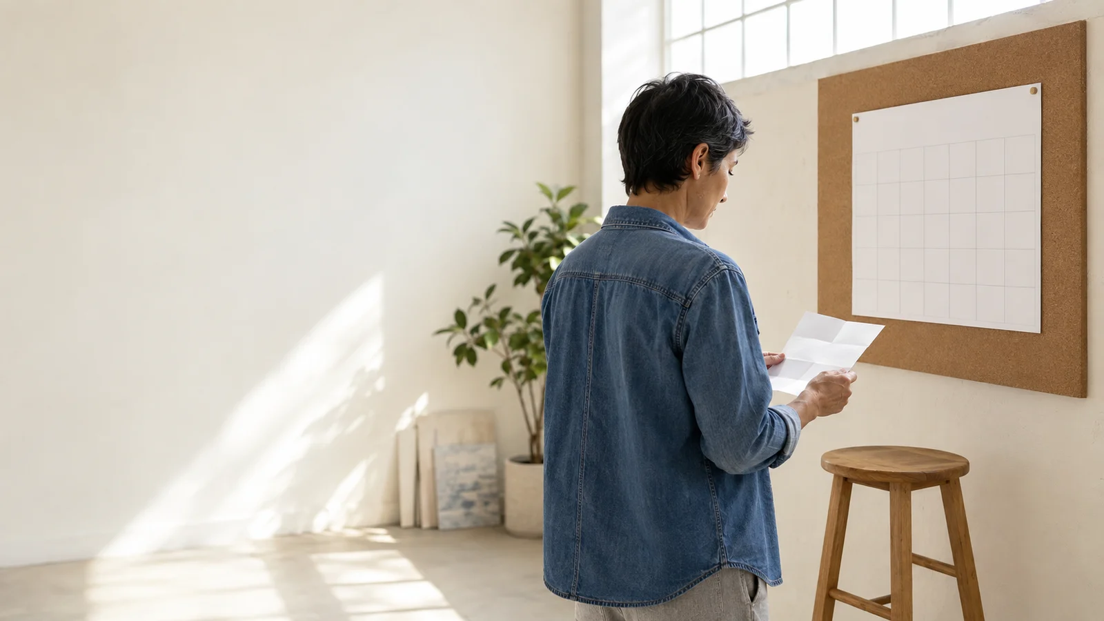 Person in a denim overshirt standing beside a home-studio corkboard with an unmarked paper calendar, holding a folded blank leaflet