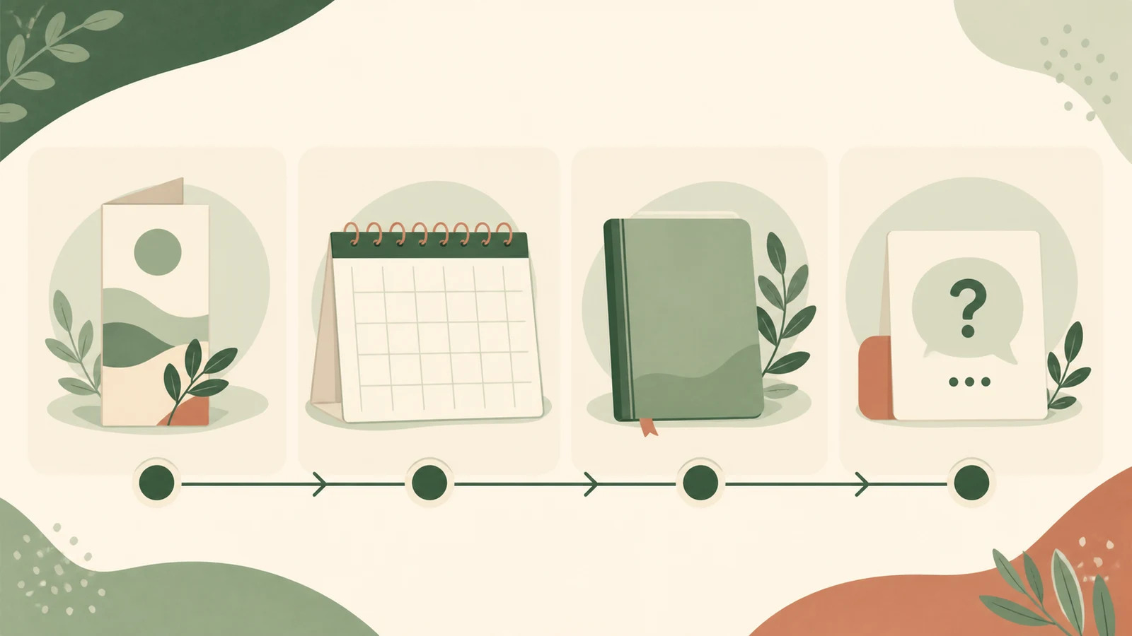 Illustrated timeline with a leaflet, blank calendar, notebook, and question card