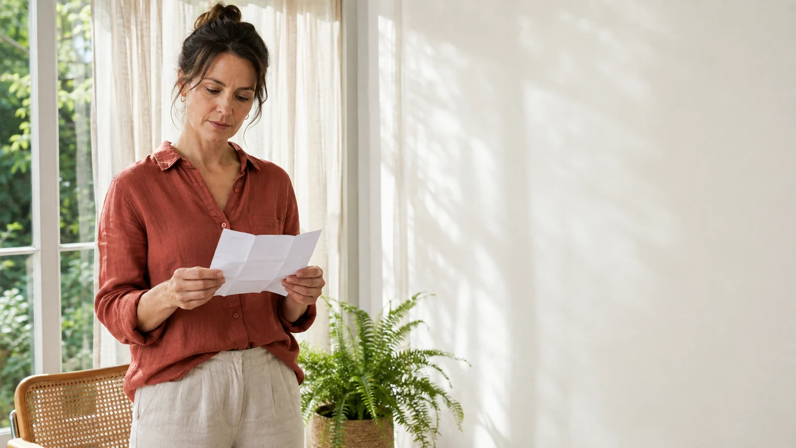 Person in a rust linen shirt standing in a bright indoor sunroom, holding a folded blank leaflet beside a cane chair and potted fern