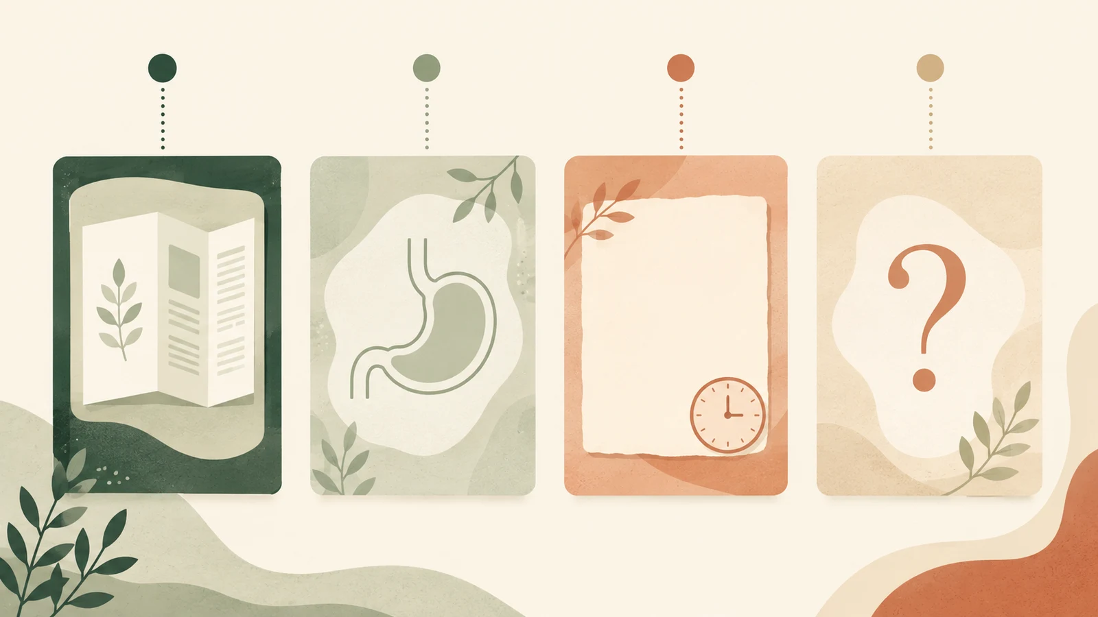 Illustrated cards showing a leaflet fact, a neutral body icon, a personal note, and a question mark