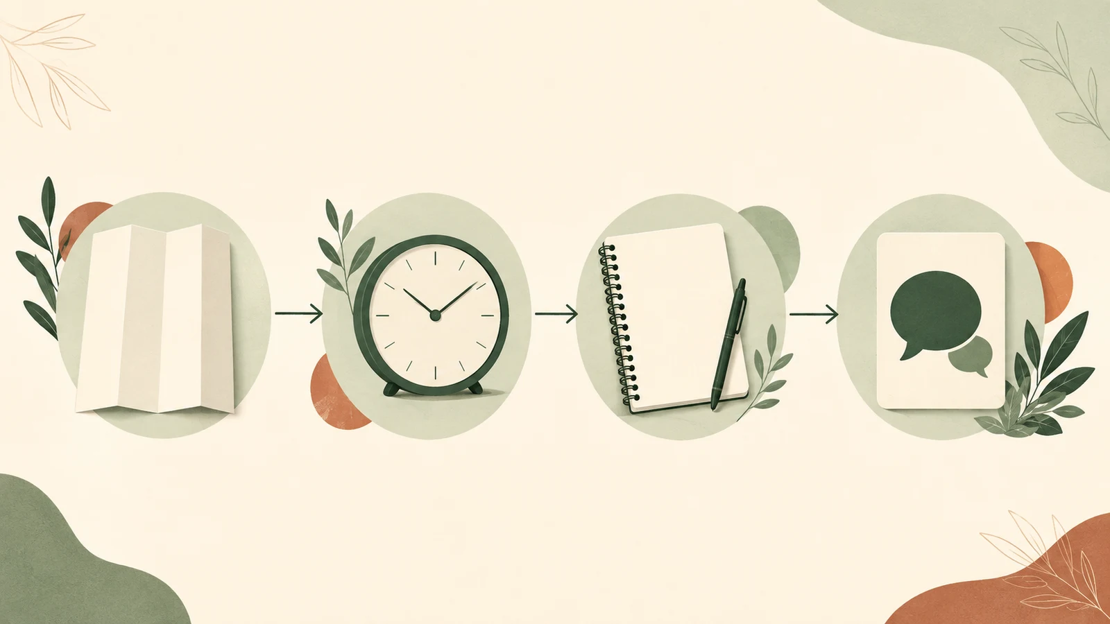 Four illustrated panels showing a leaflet, a clock, a notebook, and a question card