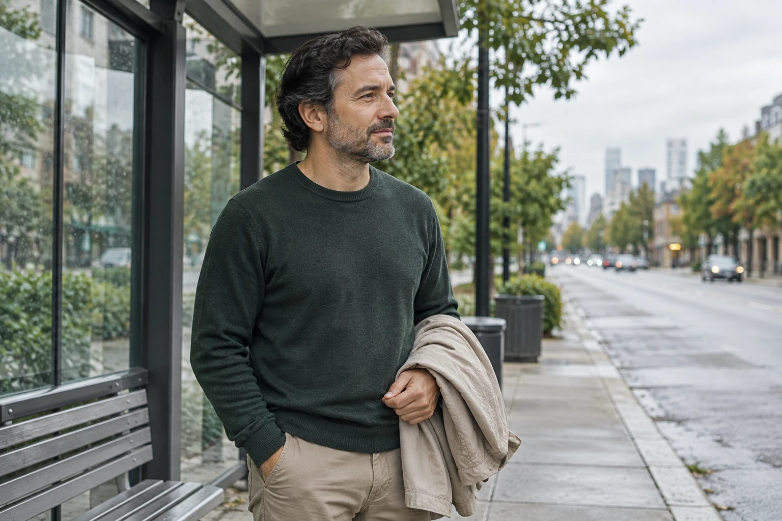 An adult waiting at a quiet urban transit shelter under soft overcast light, with a jacket over one arm