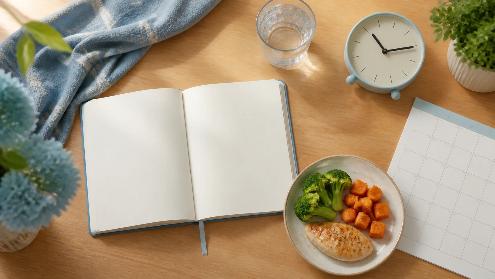 Blank notebook, water glass, clock, meal plate, and calendar arranged for a context note