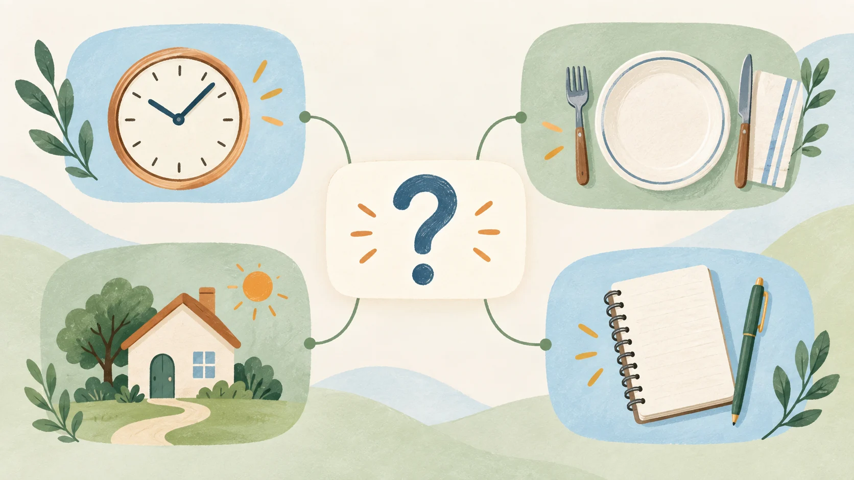 Hunger context map connecting time, meal context, daily routine, and an open question