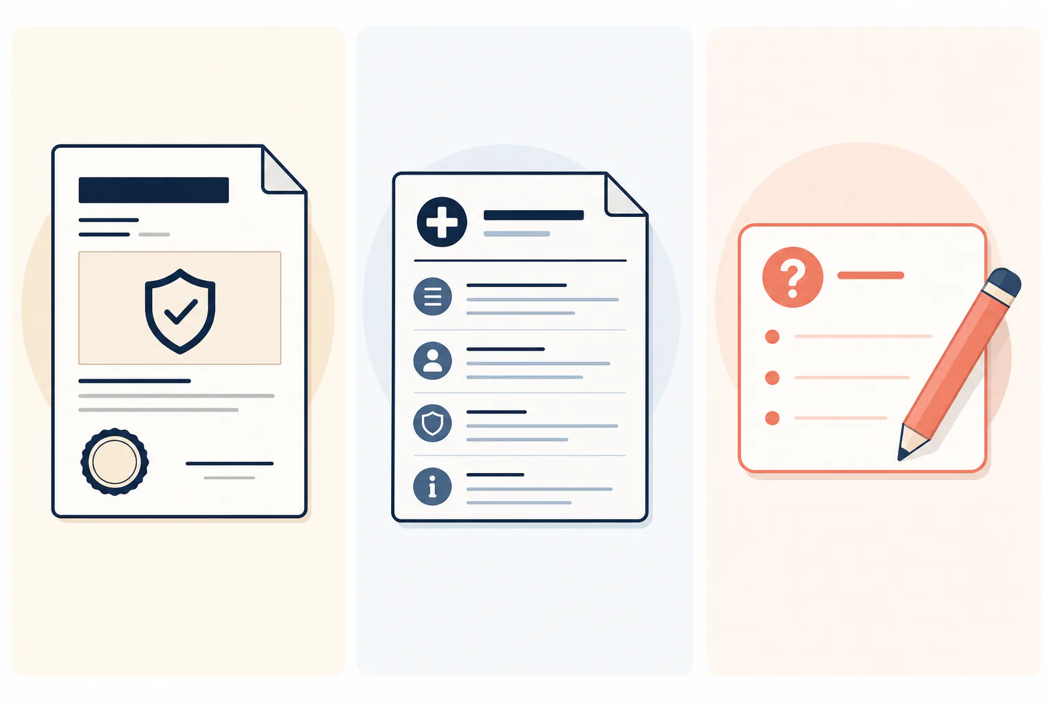 Illustrated three-column comparison of a product label, pharmacy information, and a personal question card